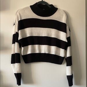 Divided Black and White Striped Turtleneck crop Sweater-Small